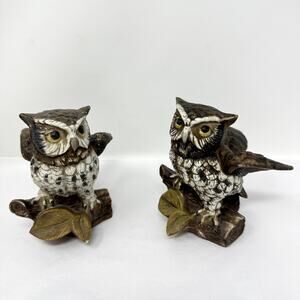 Vintage Homco Owl Figurines Pair Ceramic Woodland Decor Taiwan 1114